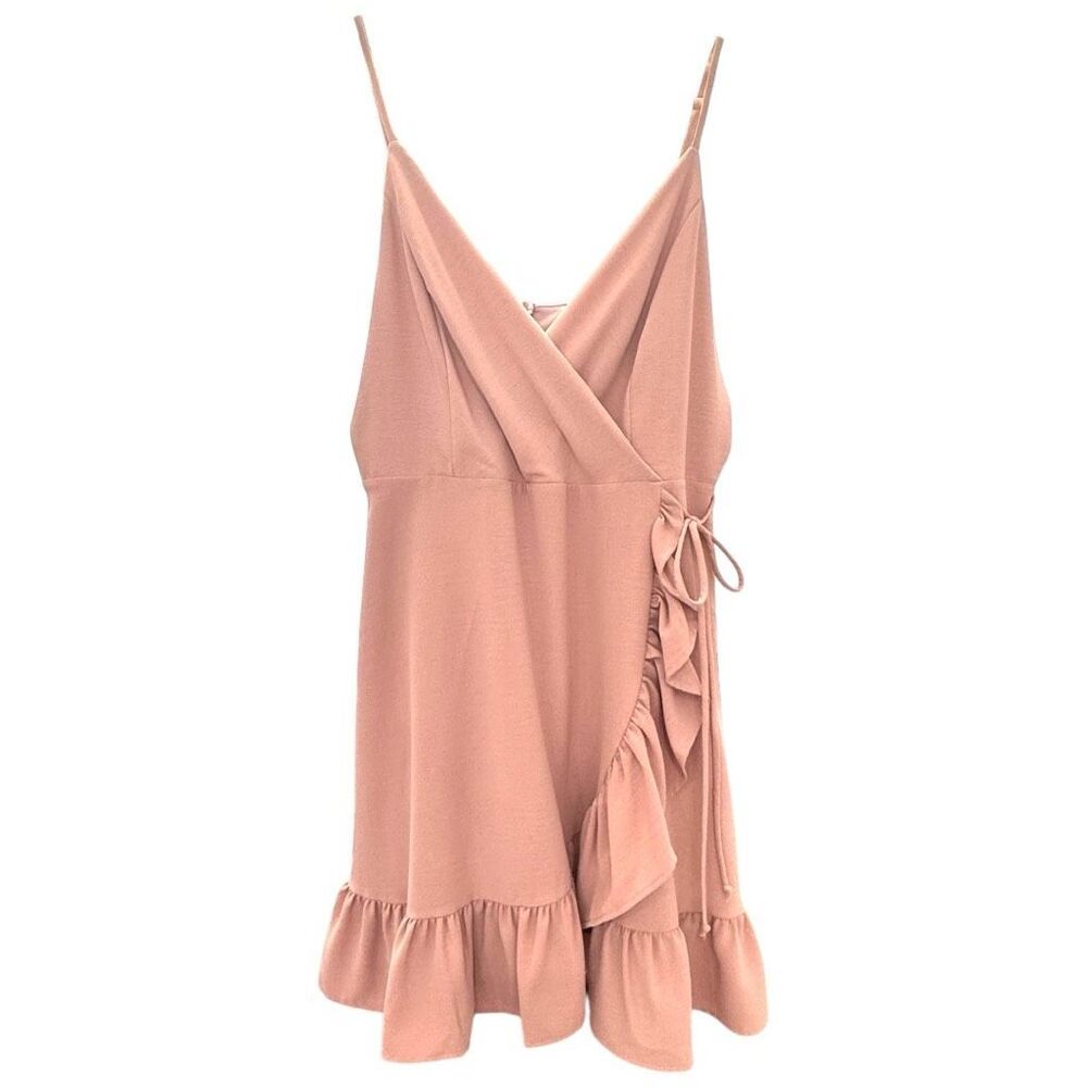 ALTAR'D STATE | Women's Dress Mini Sleeveless Faux Wrap Ruffle L Dusty Rose Pink